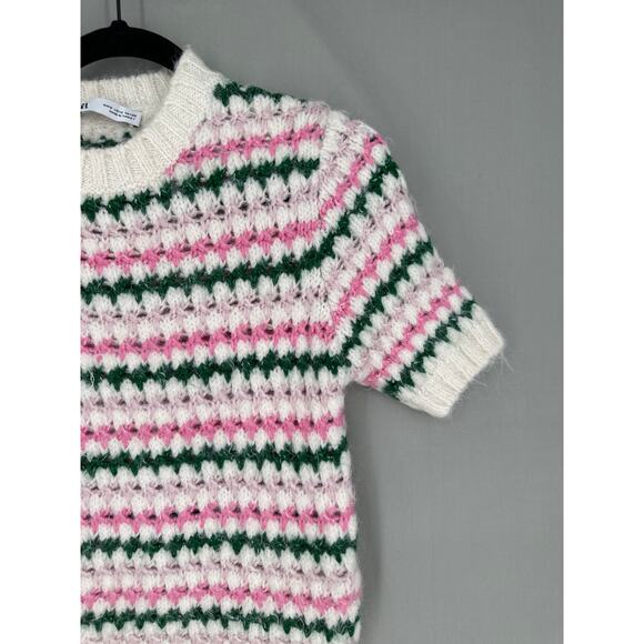 Zara Sweater Womens Small Pink Striped Green Open Knit Short Sleeve Soft Cozy - Picture 4 of 8